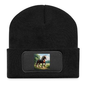 Aquarell Percheron Pferd - Recycelte Patch Beanie - Schwarz - Vorne