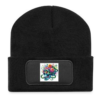 Aquarell blauer Totenkopf und Schlangen - Recycelte Patch Beanie - Schwarz - Vorne