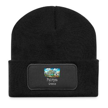 Patmos, Grèce, île de vacances, plage - Beanie recyclé à patch - noir - Devant