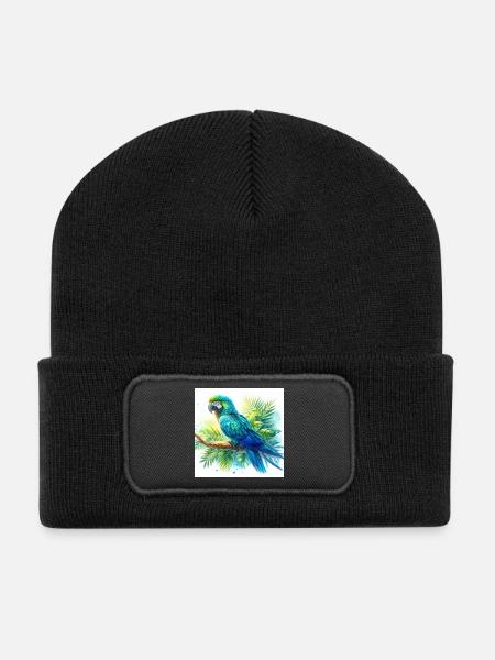 Aquarell Blauer Ara - Recycelte Patch Beanie - Schwarz