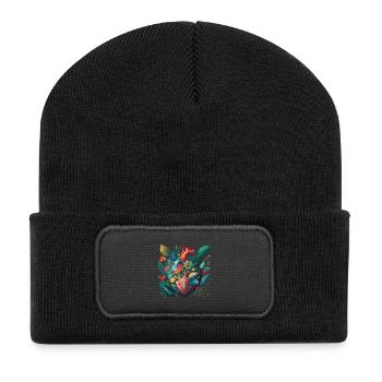 Regenbogen Botanisches Herz - Recycelte Patch Beanie - Schwarz - Vorne