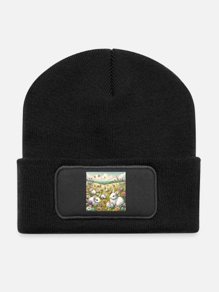 Kaninchen in einem Blumenfeld - Recycelte Patch Beanie - Schwarz
