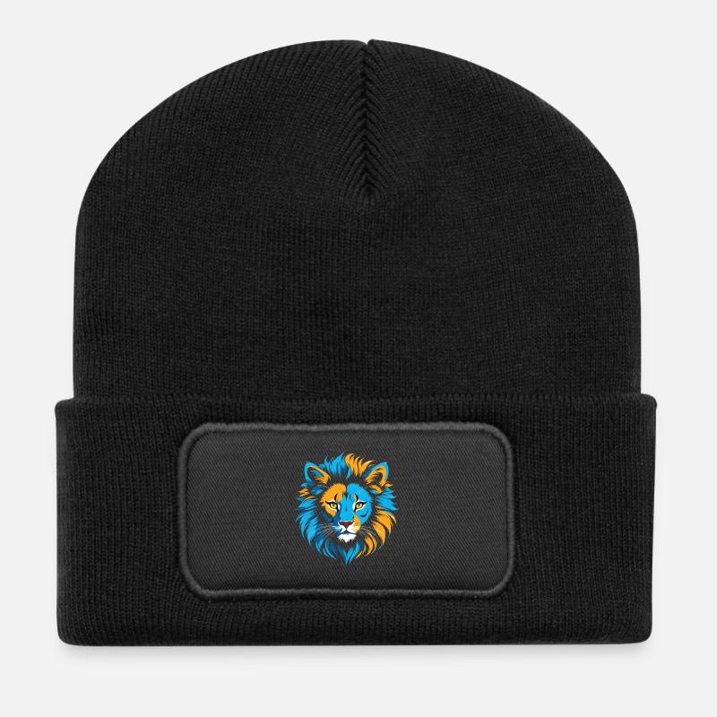 Farbenfroher Löwenkopf-Ikone - Recycelte Patch Beanie - Schwarz