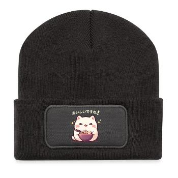 Cat eating Ramen - Recycled Patch Beanie - dark grey - Front