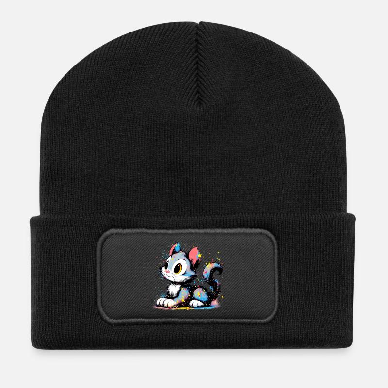 Katze - Recycelte Patch Beanie - Schwarz