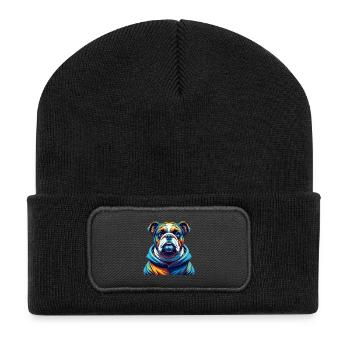 Bulldogge Rasse Buntes Aquarell Karikatur Kawaii - Recycelte Patch Beanie - Schwarz - Vorne
