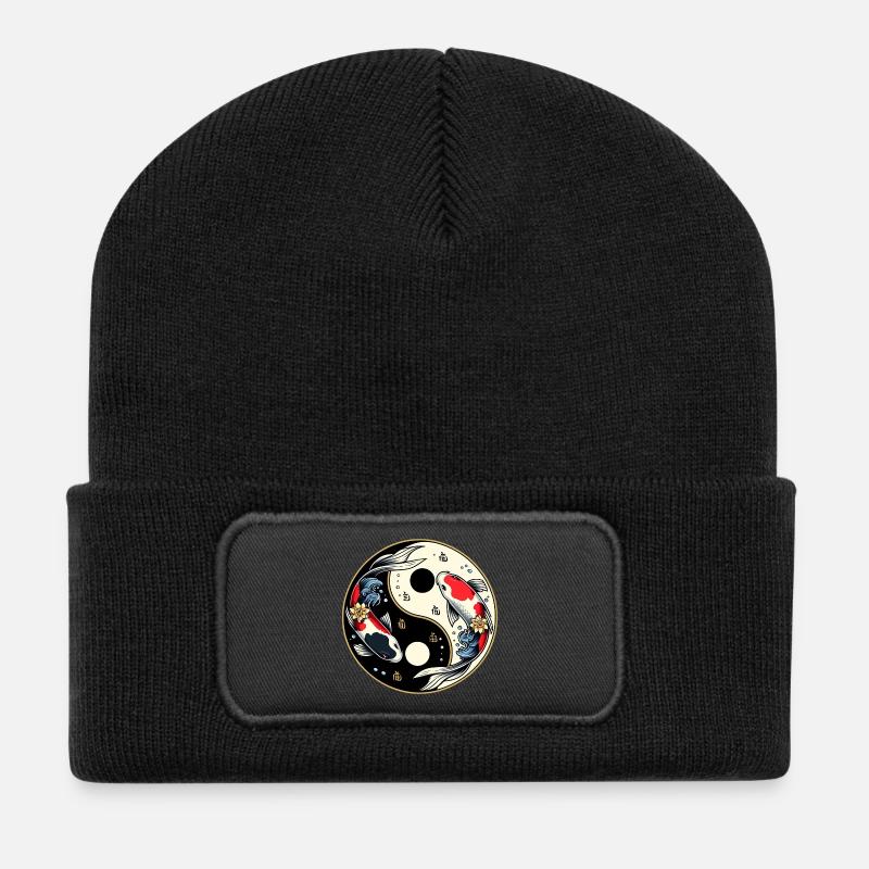 Yin Yang Koi Fish Design - Recycled Patch Beanie - black