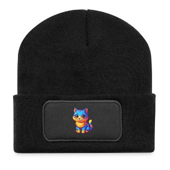 Katze Bunte Kawaii Cartoon Figur Clipart - Recycelte Patch Beanie - Schwarz - Vorne