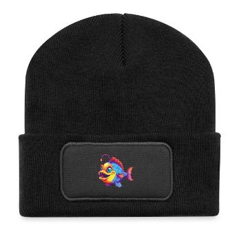 Anglerfisch Buntes Kawaii Cartoon Meerestier - Recycelte Patch Beanie - Schwarz - Vorne