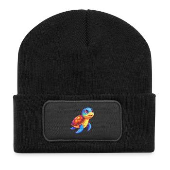 Green Sea Turtle Colorful Kawaii Cartoon Clipart - Recycled Patch Beanie - black - Front