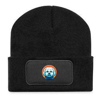 Bichon frisé chien mignon Kawaii dessin animé Animal Logo - Beanie recyclé à patch - noir - Devant