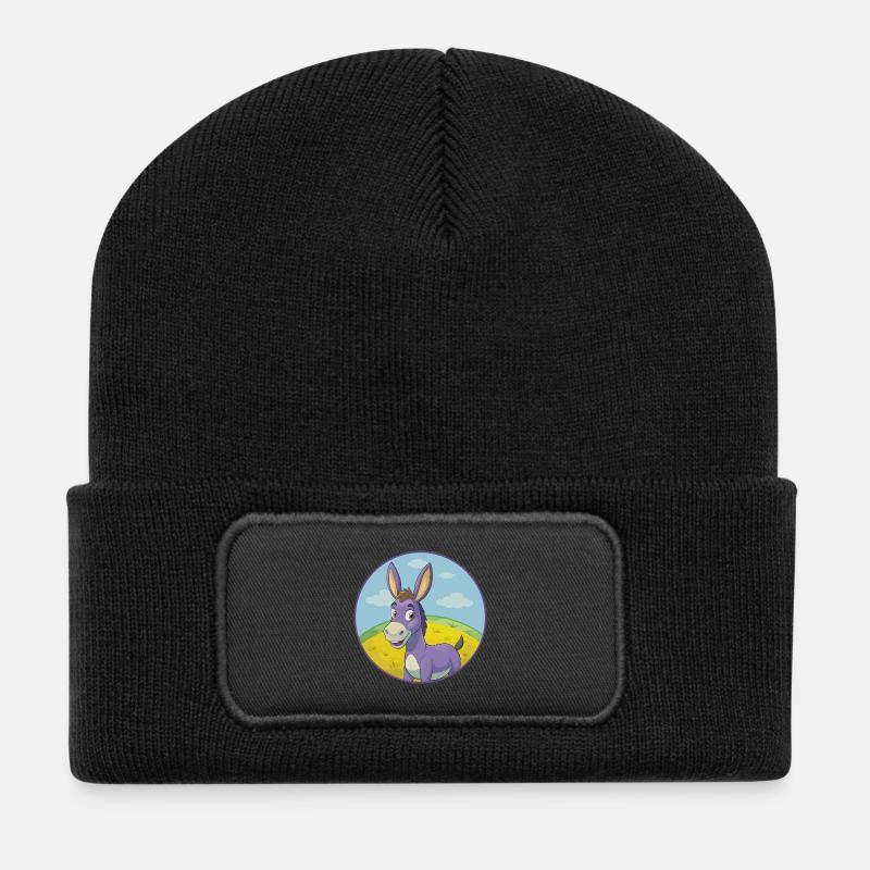 Esel Niedlich Kawaii Cartoon Clipart Tier Haustier - Recycelte Patch Beanie - Schwarz