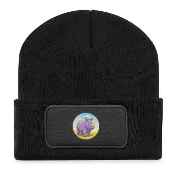 Rhino Cute Kawaii Cartoon Clipart Animal Pet - Recycled Patch Beanie - black - Front