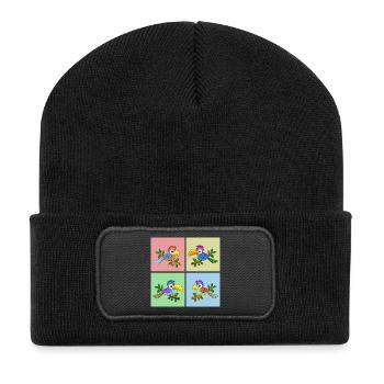 Vier Bunte Papageien in verschiedenen Farben - Recycelte Patch Beanie - Schwarz - Vorne