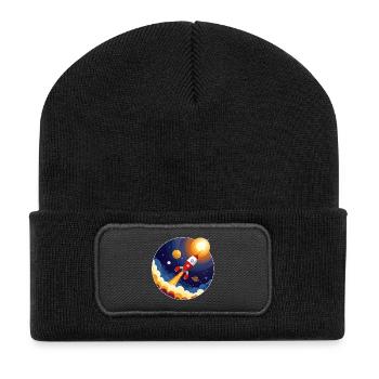 Buntes Bild einer Rakete im Weltraum - Recycelte Patch Beanie - Schwarz - Vorne