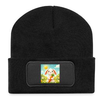Süßes Häschen mit Karotte - Recycelte Patch Beanie - Schwarz - Vorne