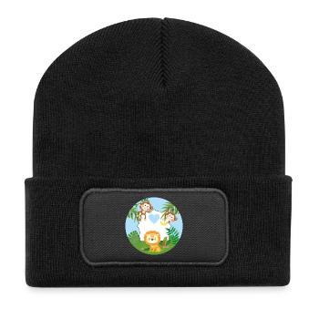 Freundschaft - Kleine Äffchen & Löwe  - Recycelte Patch Beanie - Schwarz - Vorne