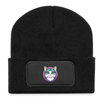 Amerikanische Drahthaarkatze Rasse Karikatur Kawaii Tier - Recycelte Patch Beanie - Schwarz - Vorne