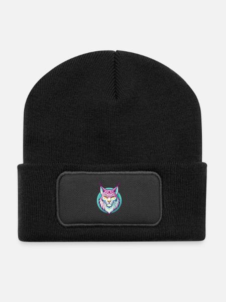 Eurasische Luchskatze Rasse Karikatur Kawaii Tier Haustier - Recycelte Patch Beanie - Schwarz