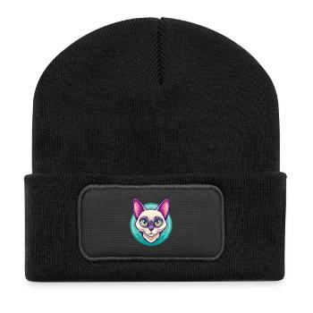 Europäische Burma-Katzenrasse Karikatur Kawaii Tier - Recycelte Patch Beanie - Schwarz - Vorne