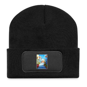 Chefchaouen Morocco Vintage Travel Poster Souvenir - Recycled Patch Beanie - black - Front