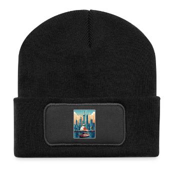 Shanghai China Travel Poster Souvenir Painting WPA - Recycled Patch Beanie - black - Front