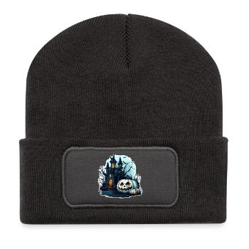 Haunted house with glowing pumpkins - Recycled Patch Beanie - dark grey - Front