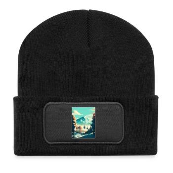 Niseko ski ski voyage affiche peinture souvenir WPA - Beanie recyclé à patch - noir - Devant