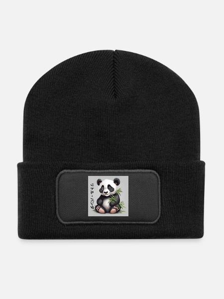 Panda Bambou Doux sur Fond Gris - Beanie recyclé à patch - noir