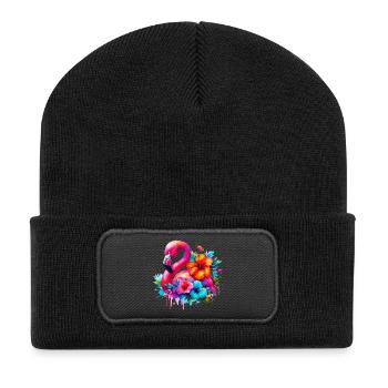 Flamingo verziert mit Hibiskusblüten - Recycelte Patch Beanie - Schwarz - Vorne