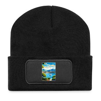 Fethiye Turkey Travel Poster Souvenir Painting WPA - Recycled Patch Beanie - black - Front