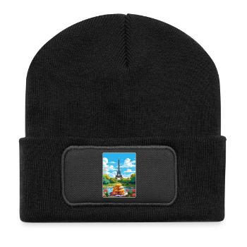 Paris France Travel Poster Souvenir Postcard Paint - Recycled Patch Beanie - black - Front