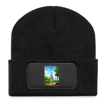 Paris France Travel Poster Souvenir Postcard Paint - Recycled Patch Beanie - black - Front