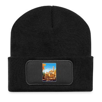 Volterra Italien Reise Poster Souvenir Malerei WPA - Recycelte Patch Beanie - Schwarz - Vorne