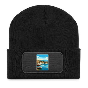 Fethiye Turkey Travel Poster Souvenir Painting WPA - Recycled Patch Beanie - black - Front