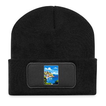Pylos Greece Travel Poster Souvenir Postcard Paint - Recycled Patch Beanie - black - Front