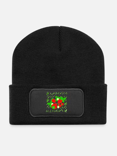 Erdbeeren in verschiedenen Größen - Recycelte Patch Beanie - Schwarz