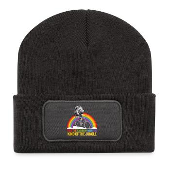 Lion chevauchant l’arc-en-ciel avec texte de la jungle - Beanie recyclé à patch - charbon - Devant