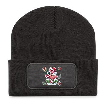 Festive Flamingo Fun - Recycelte Patch Beanie - Dunkelgrau - Vorne