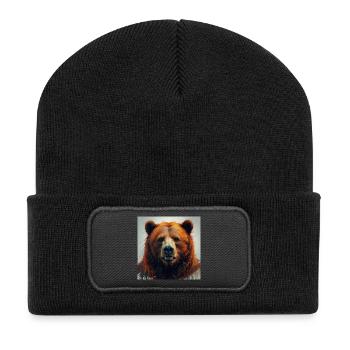 Orangener Bärenporträt Sprenkelkunst - Recycelte Patch Beanie - Schwarz - Vorne