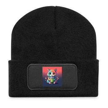 Niedliche Katze mit Bubble Tea - Recycelte Patch Beanie - Schwarz - Vorne