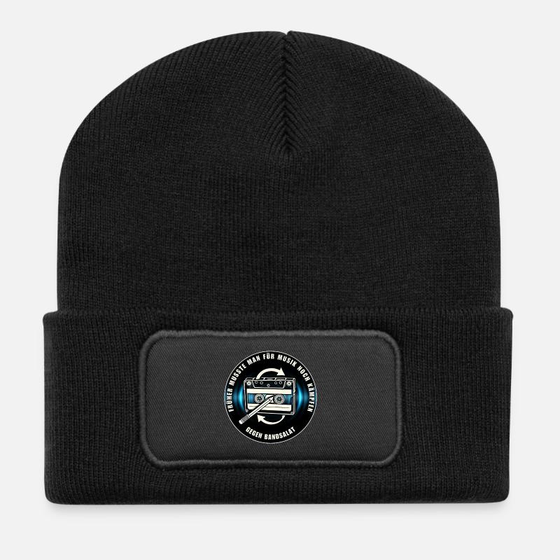 Retro Music Design Fighting Against Cassette Tape Salad - Recycled Patch Beanie - black