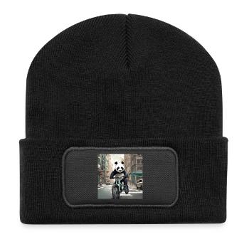 Panda on a bike in the city - Recycled Patch Beanie - black - Front