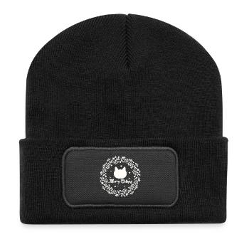 Weihnachtskranz mit Katze - Merry Catmas - Recycelte Patch Beanie - Schwarz - Vorne