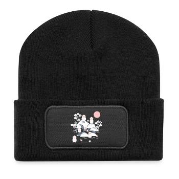 Chilling monkeys in a hot spring l white pink blue - Recycled Patch Beanie - black - Front