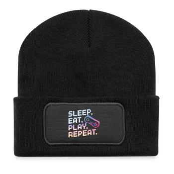 Schlaf Essen Spielen Wiederholen Gaming Design - Recycelte Patch Beanie - Schwarz - Vorne