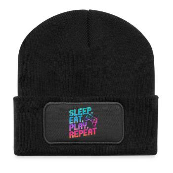 Schlaf Essen Abspielen Wiederholen - Recycelte Patch Beanie - Schwarz - Vorne