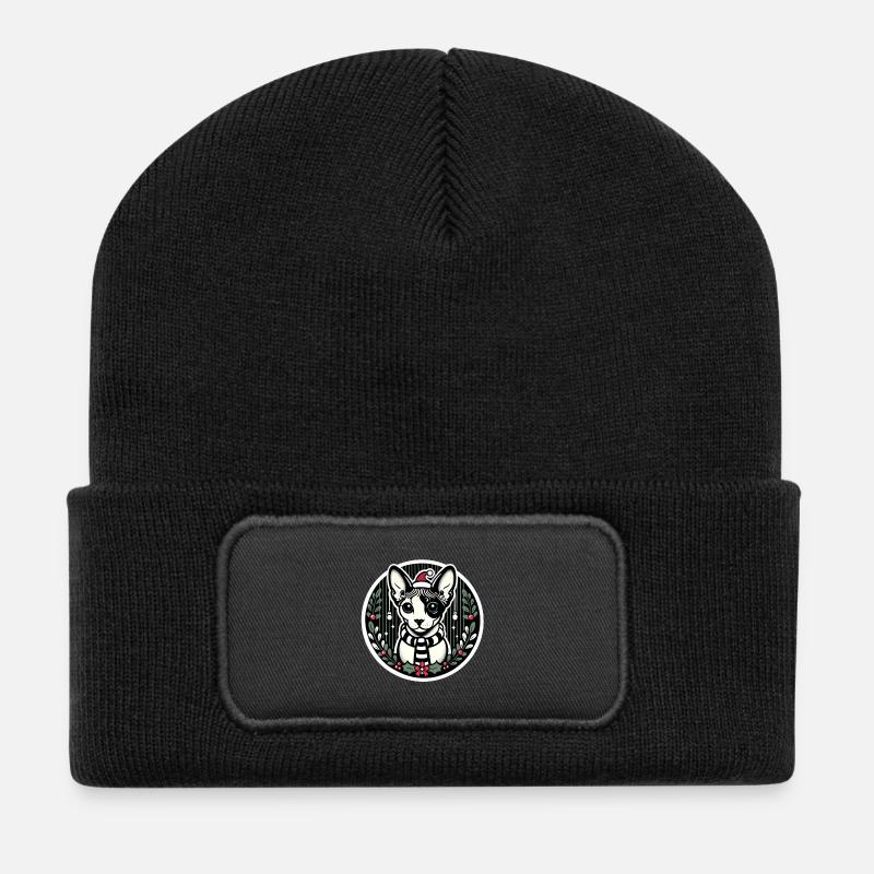 Weihnachtsporträt einer Sphynx - Recycelte Patch Beanie - Schwarz