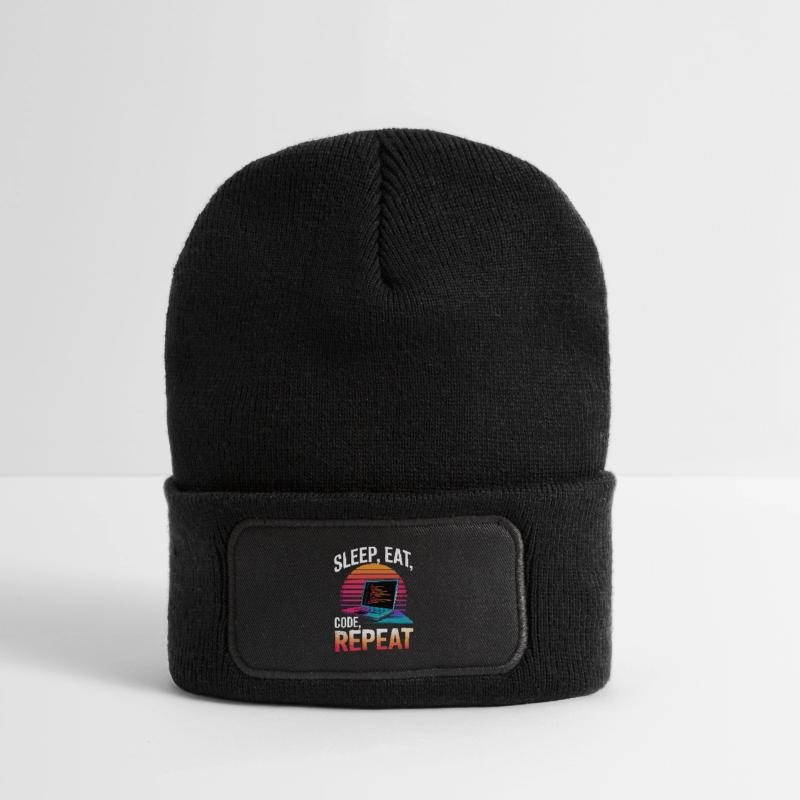 Schlaf Essen Code Wiederholen Geschenk Programmierer Entwickler Recycelte Patch Beanie