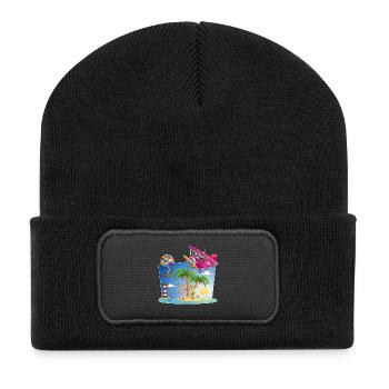 Sonne, Insel, Flugzeug, Palmen, Heißluftballon - Recycelte Patch Beanie - Schwarz - Vorne